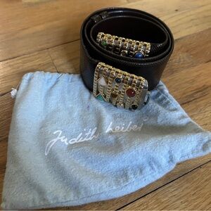 Vintage 80s Judith Leiber Leather Cabochon Multi Color Gem Stone Belt Size Small